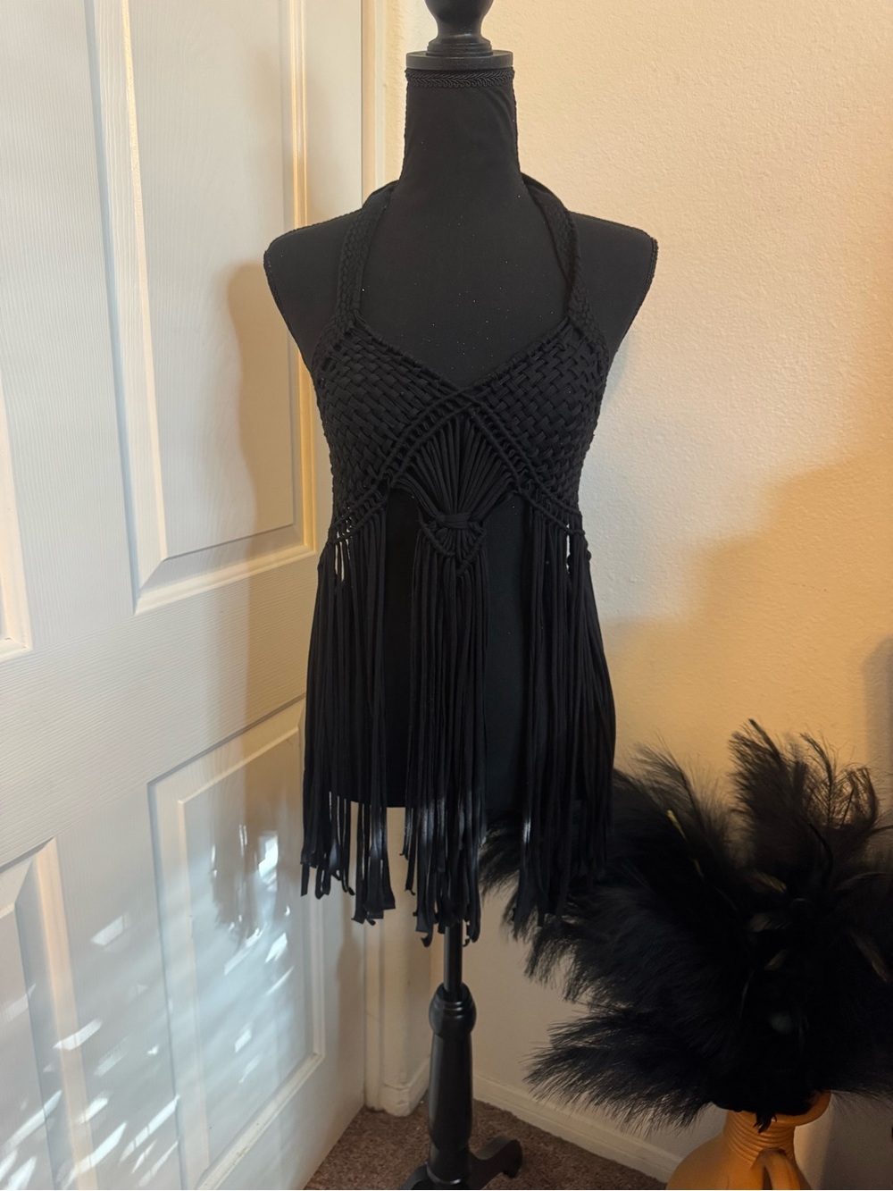 Handmade Black Macramé Fringe Halter Top